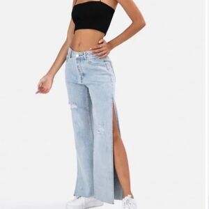 Adika Blue Light Jeans Distressed With Side Slits Button Fly Distressed Sz L New